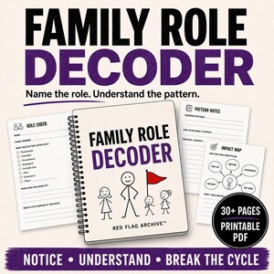 May include: A spiral-bound Family Role Decoder workbook with a stick figure illustration and a red flag. Includes a Role Check page, Pattern Notes, and an Impact Map. The cover features the text Family Role Decoder and Red Flag Archive.
