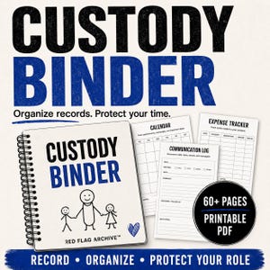 May include: A spiral-bound custody binder with a white cover featuring black text, a stick figure family illustration, and a blue heart. Included are printable pages for a calendar, communication log, and expense tracker, totaling 60+ pages.
