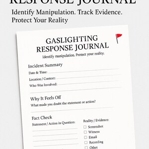 Minimalist product photo of a printed Gaslighting Response Journal page on a neutral beige desk, designed for documenting and fact-checking manipulation or emotional abuse incidents. Clean, modern aesthetic with a small red flag icon symbolizing awareness and boundaries.