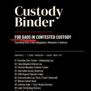 Peut inclure: Graphique noir avec les mots "Custody Binder" en grandes lettres blanches. Le texte "FOR DADS IN CONTESTED CUSTODY" est en dessous. L'image répertorie les principaux trackers et un kit de préparation au tribunal, y compris les journaux de temps parental.