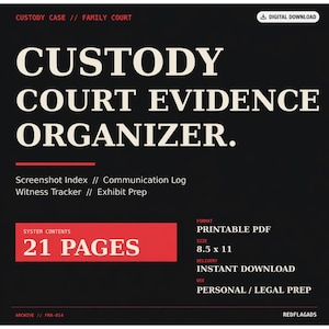 Puede incluir: Una descarga digital titulada "Custody Court Evidence Organizer". El fondo negro presenta texto blanco, incluyendo "21 Páginas" en un cuadro rojo. Incluye Screenshot Index, Communication Log, Witness Tracker y Exhibit Prep. Tamaño 21,59 x 27,94 cm.