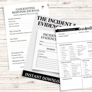 Minimalist product photo of a printed Gaslighting Response Journal page on a neutral beige desk, designed for documenting and fact-checking manipulation or emotional abuse incidents. Clean, modern aesthetic with a small red flag icon symbolizing awareness and boundaries.
