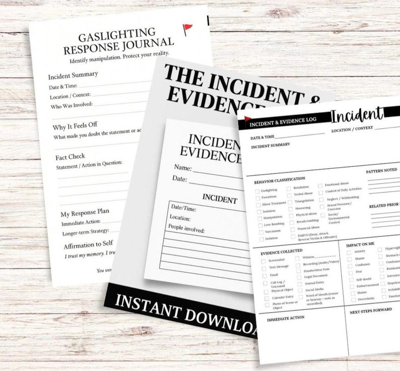 Minimalist product photo of a printed Gaslighting Response Journal page on a neutral beige desk, designed for documenting and fact-checking manipulation or emotional abuse incidents. Clean, modern aesthetic with a small red flag icon symbolizing awareness and boundaries.