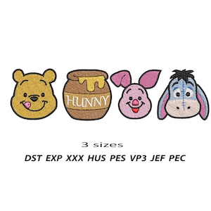 Puede incluir: Diseños bordados de Winnie the Pooh, un tarro de miel, Piglet y Eeyore. Los diseños son en amarillo, rosa y azul, con contornos negros. El texto "3 tamaños" y las abreviaturas de tipo de archivo están debajo.