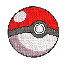 May include: A red and white Poke Ball with a black outline and a grey centre circle. The Poke Ball is a popular symbol from the Pokemon franchise.