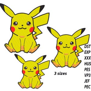 Puede incluir: Tres tamaños diferentes de un diseño de bordado de personaje de dibujos animados Pikachu amarillo. El diseño está disponible en los formatos DST, EXP, XXX, HUS, PES, VP3, JEF y PEC.