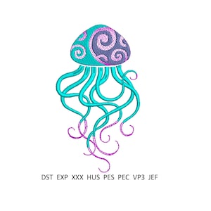 May include: A teal and purple embroidered jellyfish design. The jellyfish has a teal bell with purple swirls and long teal tentacles with purple tips. The image includes the text "DST EXP XXX HUS PES PEC VP3 JEF".