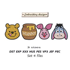 Nalle Puh broderidesign. Set med 4 filer. Nasse Ior honungskruka maskinbroderifiler. Digital nedladdning av söt tecknad film.