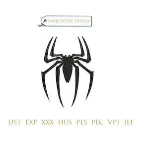 May include: Black spider embroidery design with long legs and a textured body. The design includes the text "EMBROIDERY DESIGN" on a tag. Below the spider are embroidery file format abbreviations.