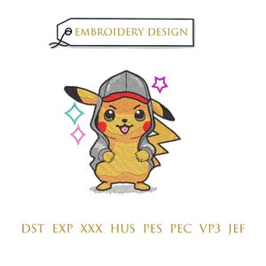 May include: An embroidery design of a yellow cartoon character in a grey hoodie and a red-peaked cap. The character has red cheeks and a smiling expression. The design includes the text "EMBROIDERY DESIGN" and decorative stars.