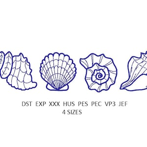 以下が含まれることがあります： 白い背景に青い線で描かれた、4種類の異なる貝殻が並んでいます。貝殻の下には「DST EXP XXX HUS PES PEC VP3 JEF 4 SIZES」というテキストがあります。