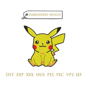 Może przedstawiać: Żółty wzór haftu Pikachu z czarnymi końcówkami uszu, czerwonymi policzkami i ogonem w kształcie błyskawicy. Projekt zawiera tekst "EMBROIDERY DESIGN" i formaty plików haftu.