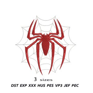 Peut inclure: Emblème d'araignée rouge sur fond de toile d'araignée. L'image comprend le texte "3 tailles" et des abréviations de type de fichier. L'araignée a de longues pattes pointues et un corps détaillé. La toile est grise.