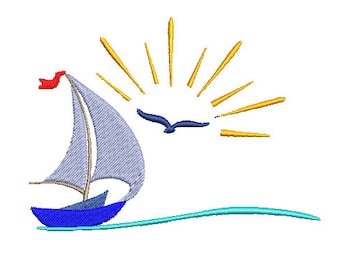 Sailboat Embroidery Design, Summer Beach Nautical Boat, Ocean Machine Embroidery File