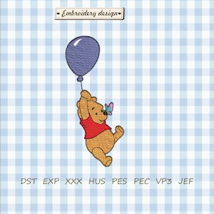 May include: An embroidery design featuring a cartoon bear holding a purple balloon, with a butterfly nearby. The bear wears a red shirt. The background is a light blue and white checkered pattern. The text "Embroidery design" is at the top.