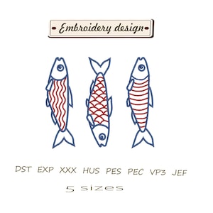 May include: An embroidery design featuring three stylized fish with blue outlines and red interior patterns, including wavy, scale, and horizontal stripe motifs. The text reads Embroidery design, DST EXP XXX HUS PES PEC VP3 JEF, and 5 sizes.