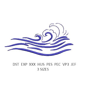May include: An embroidery design featuring a stylized blue ocean wave with curved lines and foam crests. Below the graphic, the text reads: DST EXP XXX HUS PES PEC VP3 JEF 3 SIZES. The design is presented on a plain white background for clear visibility.