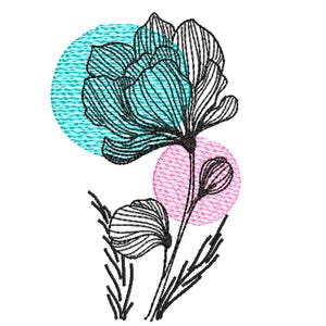 May include: A black line drawing of a flower with a blue and pink circle behind it. The flower has a long stem and leaves.