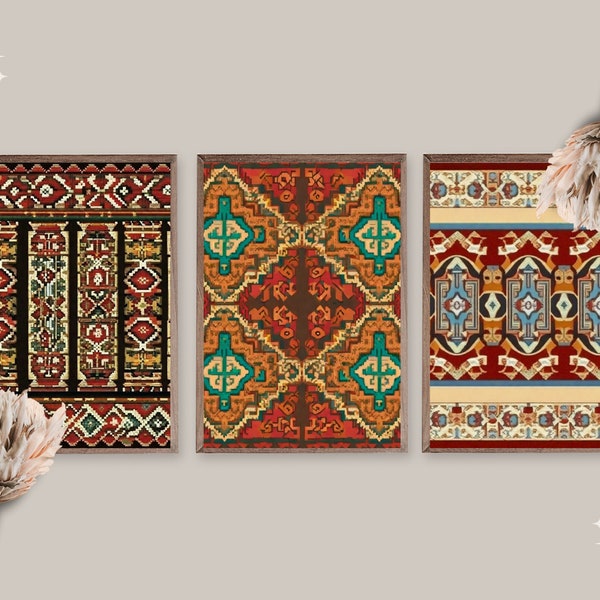 Set Of 5 Yuruks Rug Pattern Wall Art | Oriental Wall Art | Turkish Ushak Carpet Motifs | Ottoman Style Sublimation Art | Middle Eastern Art
