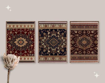Set of 3 Harem Rug Drawing Wall Art | Ottoman Orientalist Ethnic Artwork | Islamic Anatolian Home Decor | Medieval Turkish Pattern Stencil