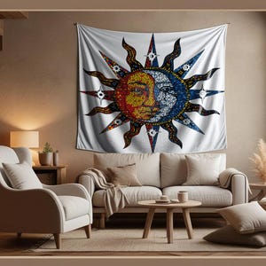 Arazzo Sole Celeste / Astrologia Esoterica da Parete per Interni / Bandiera Tradizionale per Decorazione della Casa con Oroscopo 80"x68" 203cmx172cm