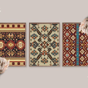 Set of 5 Uyghur Rug Drawing Wall Art | Orientalist Asian Ethnic Artwork | Muslim Home Decor | Medieval Antique Asian Pattern Stencil