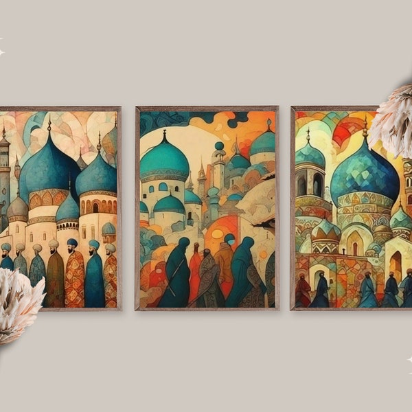 Set of 3 Muslims Going to Mosque Wall Art | Ottoman Style Art | Oriental Sublimation Folk Art | Mystic Islamic Miniature Art | High Details