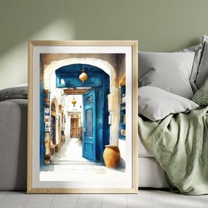 Pittura murale tunisina di strada / Arte murale tradizionale musulmana a pastello / Arte popolare orientalista del Maghreb / Arte mistica blu tribale africana storica