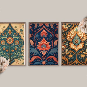 Set of 5 Floral Painting | Persian Orientalist Farsi Ethnic Islamic Artwork | Muslim Home Decor | Middle Eastern Pattern Stencil