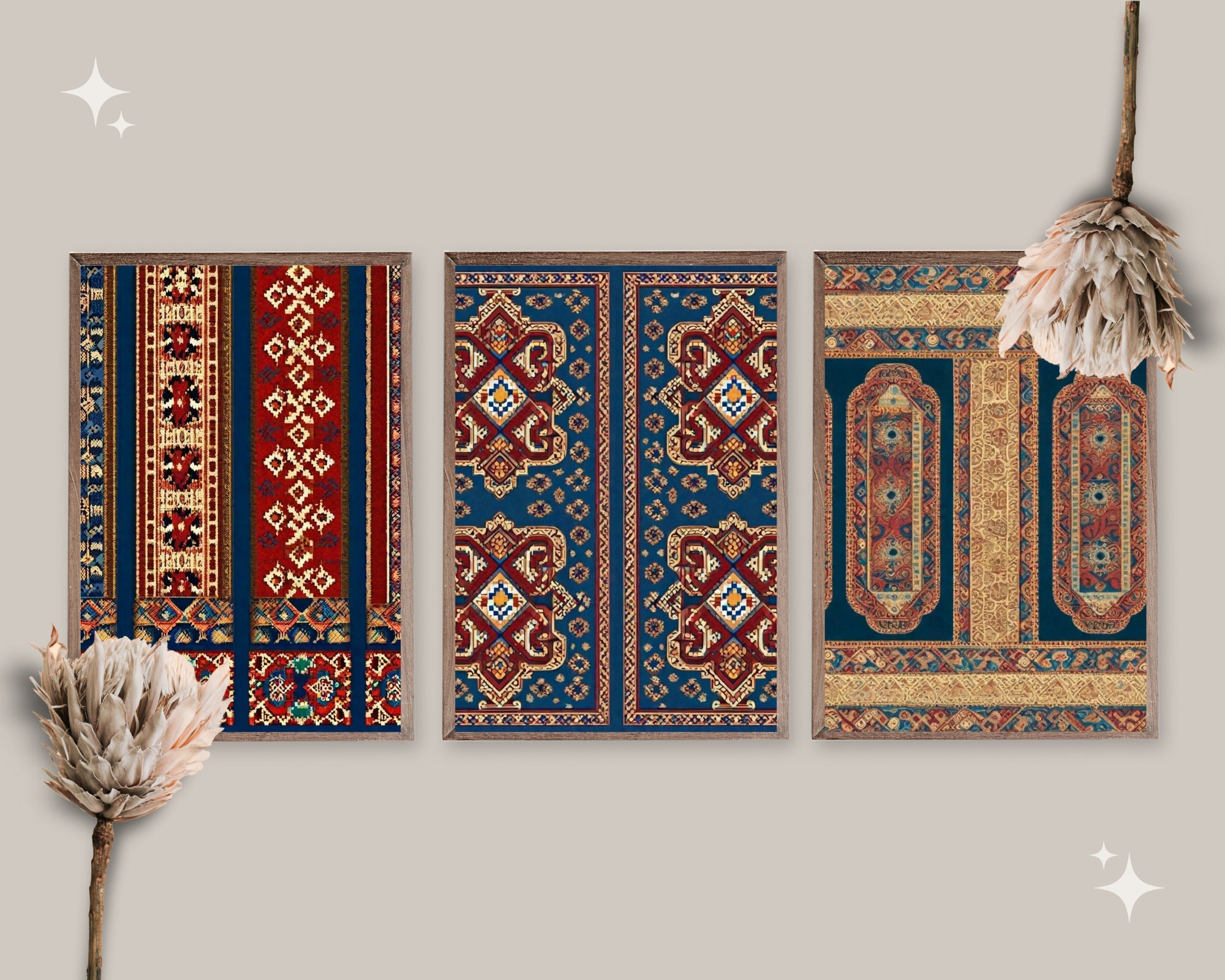 Set of 5 Kabul Rug Drawing | Orientalist Afghan Ethnic Islami Art | Muslim Home Decor | Medieval Antique Kilim Pattern Stencil Artwork