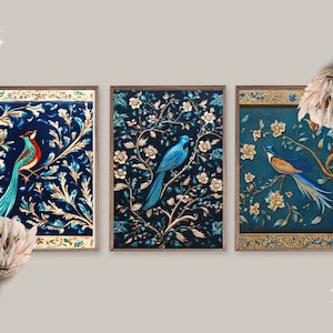 Set of 3 Bird Oil Painting Wall Art | Oriental Iranian Ethnic Tile Art | Traditional Mughal Vitra Art | Histroical Persian Oil Painting