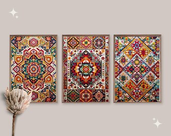 Set of 5 Nomad Rug Drawing Wall Art | Orientalist Ethnic Tunisian Kilim Artwork | Muslim Home Decor | Medieval Islamic Pattern Stencil