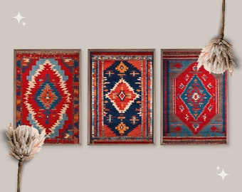 Set Of 5 Turkish Rug Drawing Wall Art | Oriental Ethnic Islami Art | Muslim Art | Medieval Antique Ottoman Medieval Pattern Stencil Artwork