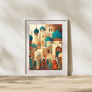 Masjid Painting Persian| Orientalist Iranian Medieval Artwork | Traditional Middle Eastern Orange Artwork