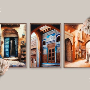 Lot de 3 oeuvres d'art murales tunisiennes | Oeuvre d'art musulmane traditionnelle | Art mural folklorique orientaliste du Maghreb | Peinture médiévale tribale africaine historique