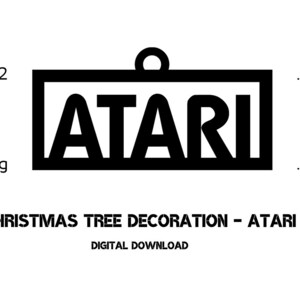 May include: Black and white digital download of a Christmas tree ornament featuring the word "ATARI" in a retro video game style.