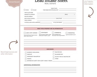 Real Estate Lead Intake Sheet | Client Contact & Info Tracker | Printable Agent CRM