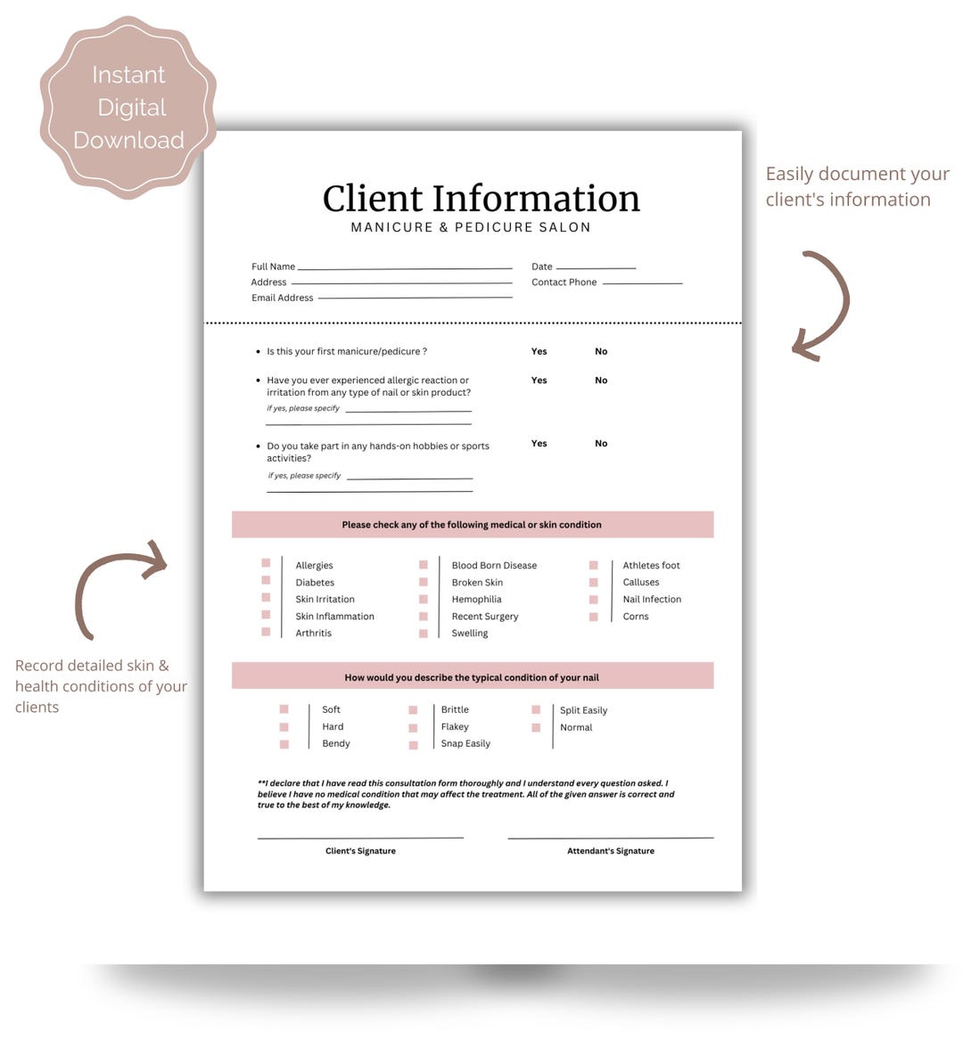 Nail & Pedicure Client Intake Form | Salon Consultation Sheet ...