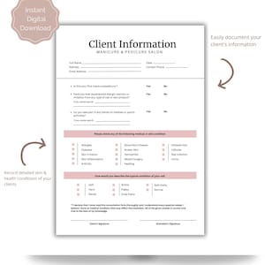May include: A printable client information form for a manicure and pedicure salon. The form includes sections for personal details, medical history, and nail condition assessment. The words "Instant Digital Download" are in the upper left corner.