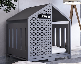 Moderne Hundebox, graues Hausdach, elegante Hundehütte aus Holz mit kostenloser Individualisierung, kleine bis extra große Größen, luxuriöse Hundehütte für den Innenbereich