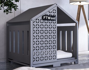 Modern Gray Dog Crate: Elegant Wooden Indoor Dog House, Free Customization