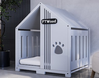 Modern Dog Crate, White House Roof Elegant Wooden Dog House with Free Customization, Small to Extra Large Sizes,Luxury Indoor Dog House