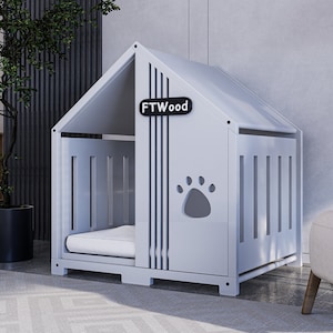 Modern Dog Crate, White House Roof Elegant Wooden Dog House with Free Customization, Small to Extra Large Sizes,Luxury Indoor Dog House