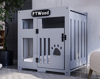 Modern Dog Crate, Gray Elegant Wooden Dog House with Free Customization, Small to Extra Large Sizes, Luxury Indoor Dog House
