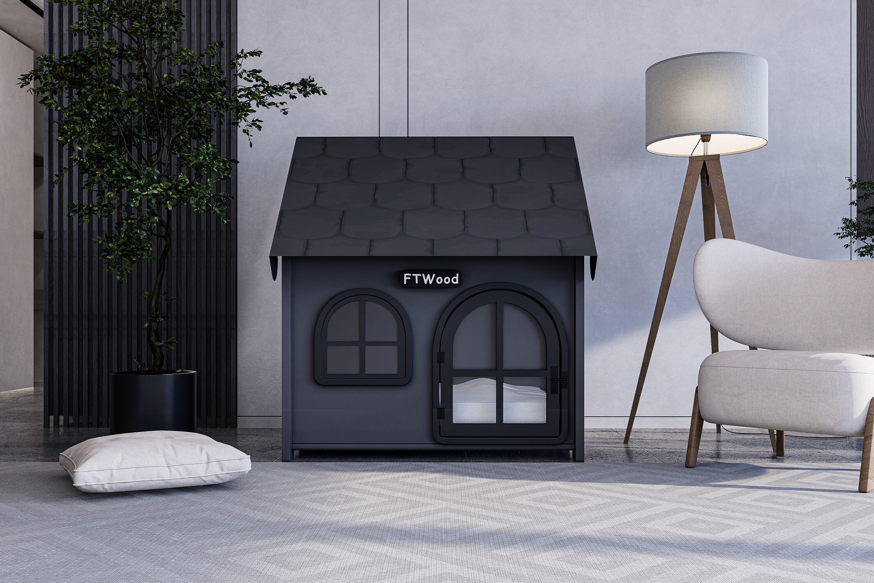 Modern Wooden Dog Crate: Anthracite Roof, Free Customization - Etsy - Polished Dog Crate Elevations