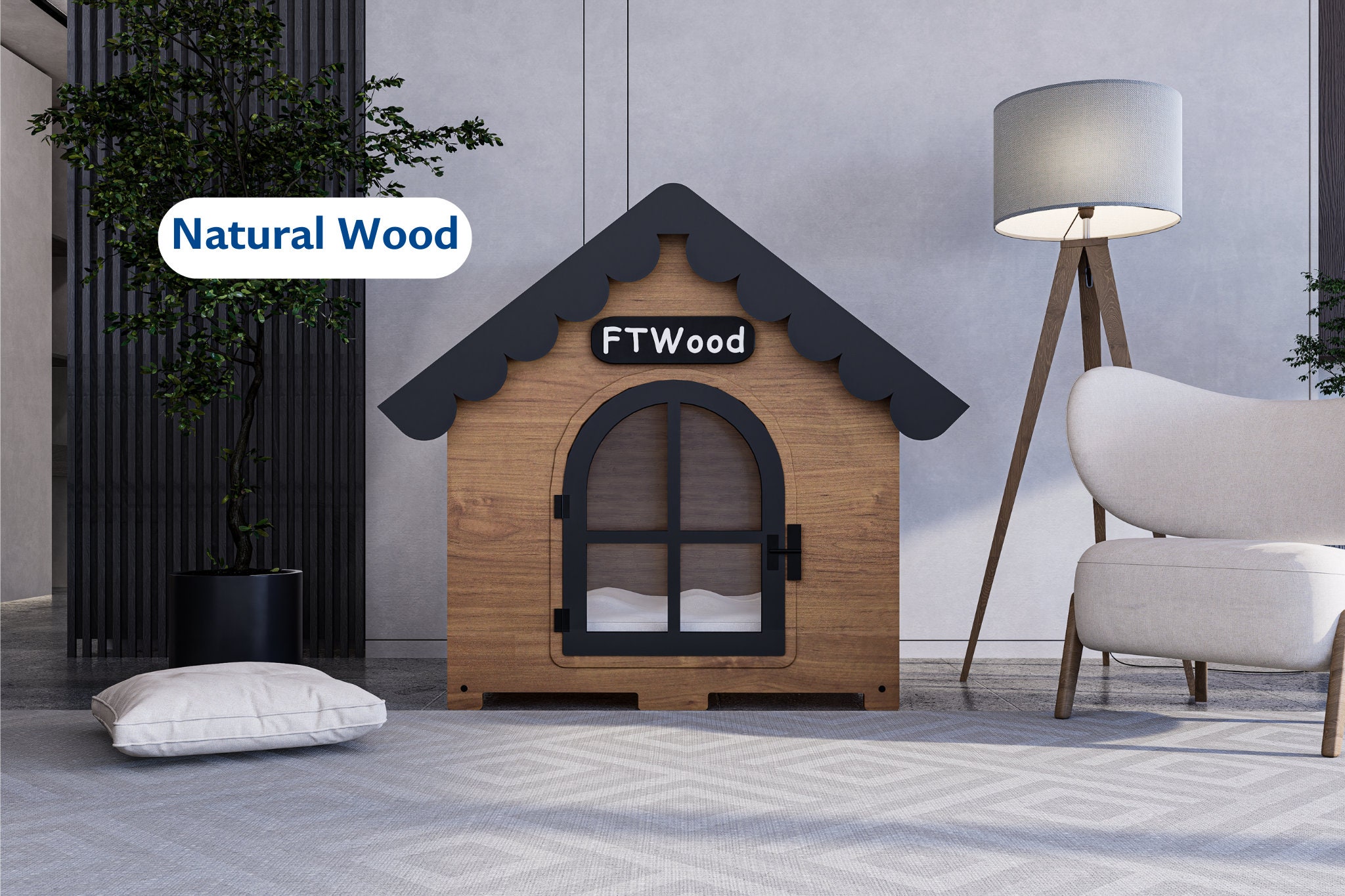 Image showcasing Modern Dog Crate, White House Roof Elegant Wooden Dog House With Free ...