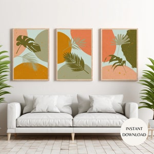 Feuilles bohèmes abstraites dans des tons orange et vert, lot de trois oeuvres d'art murales imprimables TÉLÉCHARGEMENT IMMÉDIAT, impressions de salon botaniques rétro MAP03