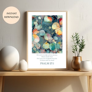 May include: A watercolor painting of eucalyptus leaves with a gold glitter background. The painting has a quote from Psalm 27:1, "The Lord is my light and my salvation. Whom should I fear? The Lord is the stronghold of my life. Of whom shall I be afraid?"