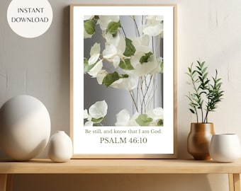 Botanische grüne Psalm 46:10 druckbare Wandkunst, sei still und weiß, dass ich Gott bin Religiöses Zitat, Bibel-Vers-Plakat SOFORTIGER DOWNLOAD KARTE03