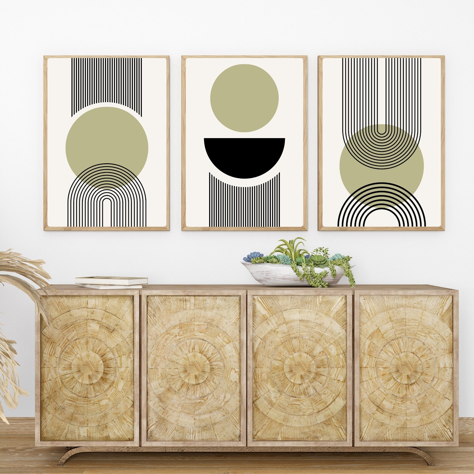 Mid Century Modern Abstract Printable Wall Art, Olive Green Circles and ...